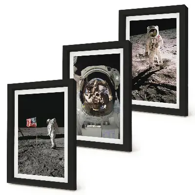 Conjunto de 3 quadros decorativos com fotos de astronautas pousando na Lua