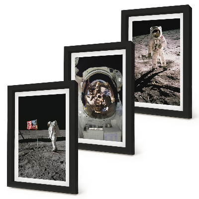 Conjunto de 3 quadros decorativos Fotos de astronautas pousando na Lua