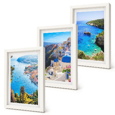 Tríptico com moldura Vistas do litoral grego e da cidade de Oia, em Santorini.