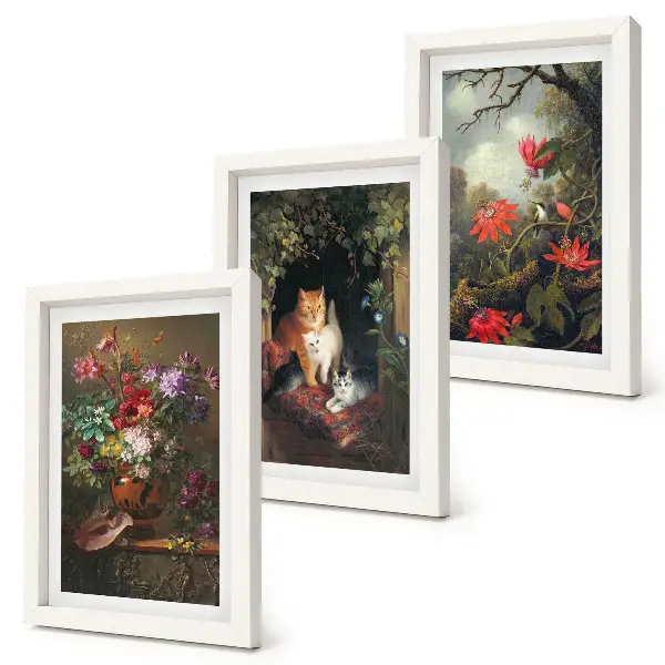 Conjunto de 3 quadros decorativos com estampas de flores vintage, gatos e plantas na natureza
