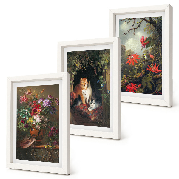 Conjunto de 3 quadros decorativos Flores vintage, gatos e plantas na natureza.