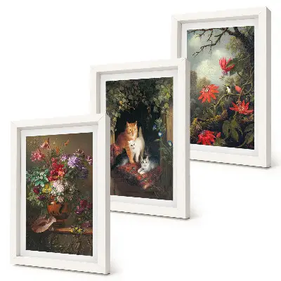 Conjunto de 3 quadros decorativos com estampas de flores vintage, gatos e plantas na natureza