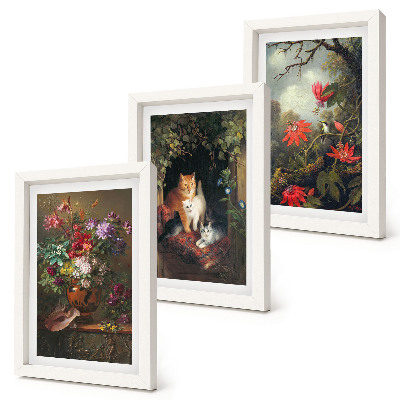 Conjunto de 3 quadros decorativos Flores vintage, gatos e plantas na natureza.