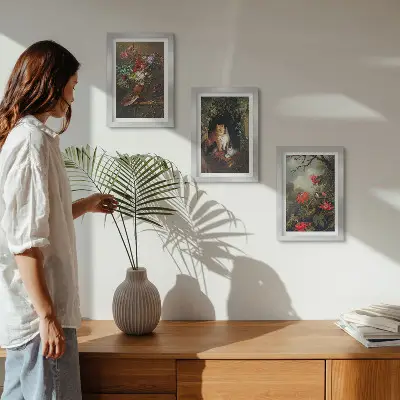 Conjunto de 3 quadros decorativos com estampas de flores vintage, gatos e plantas na natureza
