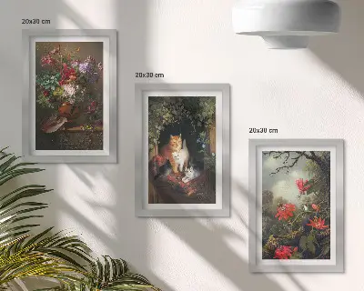 Conjunto de 3 quadros decorativos com estampas de flores vintage, gatos e plantas na natureza