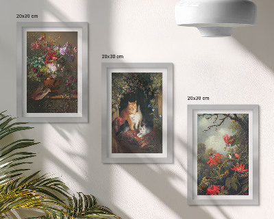 Conjunto de 3 quadros decorativos Flores vintage, gatos e plantas na natureza.