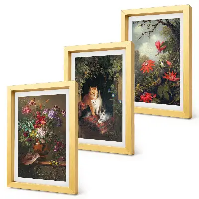 Conjunto de 3 quadros decorativos com estampas de flores vintage, gatos e plantas na natureza
