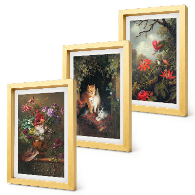 Conjunto de 3 quadros decorativos Flores vintage, gatos e plantas na natureza.