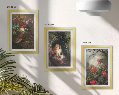Conjunto de 3 quadros decorativos com estampas de flores vintage, gatos e plantas na natureza