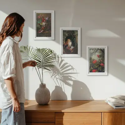 Conjunto de 3 quadros decorativos com estampas de flores vintage, gatos e plantas na natureza