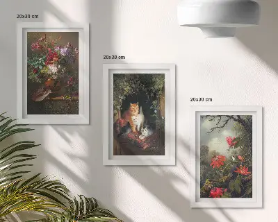 Conjunto de 3 quadros decorativos com estampas de flores vintage, gatos e plantas na natureza
