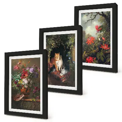 Conjunto de 3 quadros decorativos com estampas de flores vintage, gatos e plantas na natureza