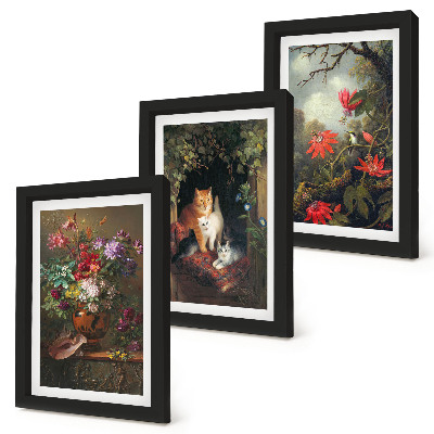 Conjunto de 3 quadros decorativos Flores vintage, gatos e plantas na natureza.