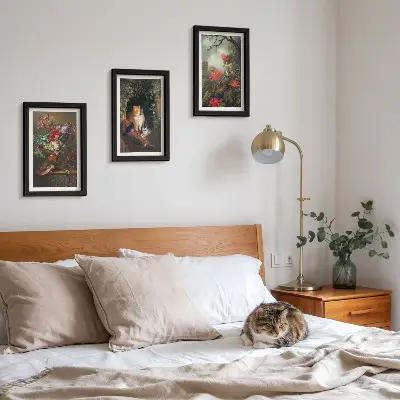 Conjunto de 3 quadros decorativos com estampas de flores vintage, gatos e plantas na natureza