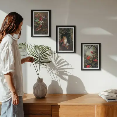 Conjunto de 3 quadros decorativos com estampas de flores vintage, gatos e plantas na natureza