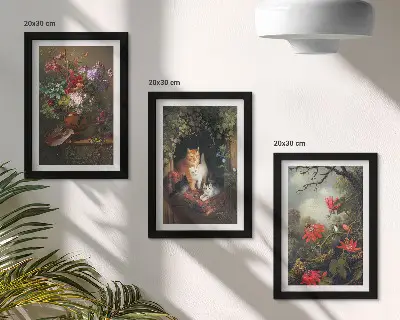 Conjunto de 3 quadros decorativos com estampas de flores vintage, gatos e plantas na natureza