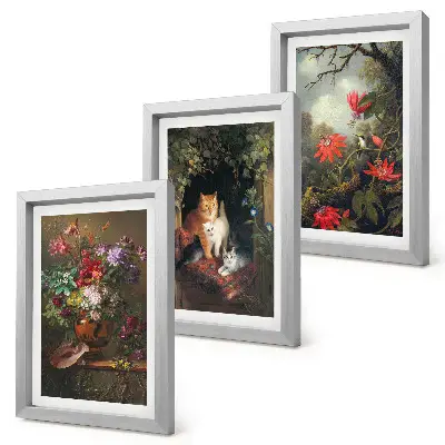 Conjunto de 3 quadros decorativos com estampas de flores vintage, gatos e plantas na natureza