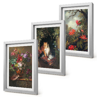 Conjunto de 3 quadros decorativos Flores vintage, gatos e plantas na natureza.
