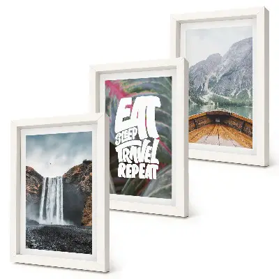 Conjunto de quadros com imagens com paisagens de cachoeiras montanhas e viagem de barco pela natureza