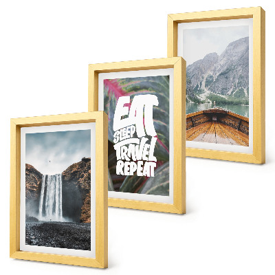 Conjunto de molduras com imagens Cachoeiras, montanhas, viagem de barco pela natureza e vegetação