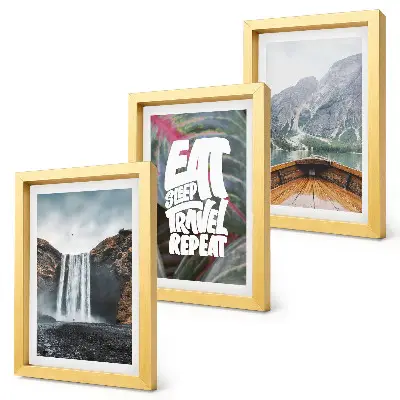 Conjunto de quadros com imagens com paisagens de cachoeiras montanhas e viagem de barco pela natureza