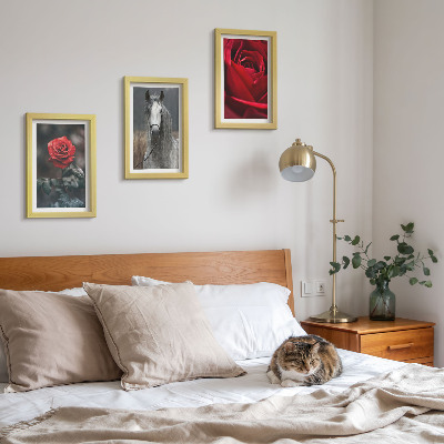 Conjunto de 3 quadros decorativos Rosas vermelhas e um cavalo em um cenário cinza.