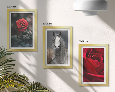 Conjunto de 3 quadros decorativos Rosas vermelhas e um cavalo em um cenário cinza.