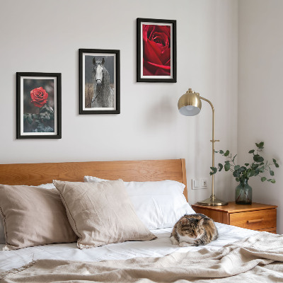 Conjunto de 3 quadros decorativos Rosas vermelhas e um cavalo em um cenário cinza.