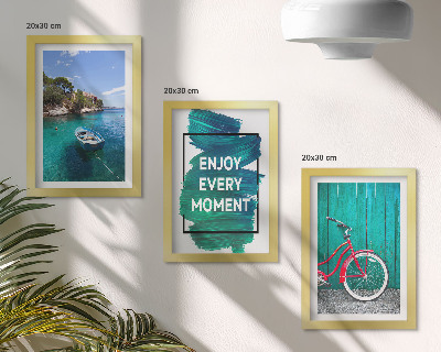 Conjunto de molduras com imagens Vista para o mar com barco, bicicleta e inscrição inspiradora