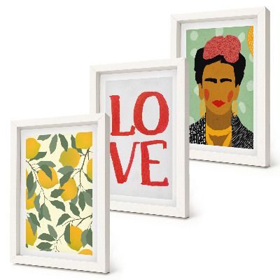Tríptico com moldura Limões com a inscrição LOVE, retrato pintado de Frida Kahlo.
