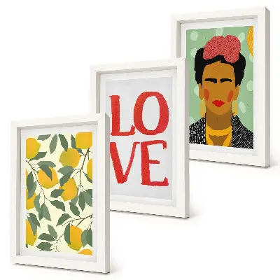 Tríptico com moldura pintura de limões com inscrição LOVE ao estilo de Frida Kahlo