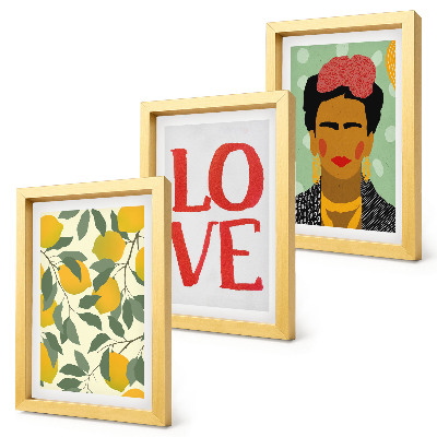 Tríptico com moldura Limões com a inscrição LOVE, retrato pintado de Frida Kahlo.