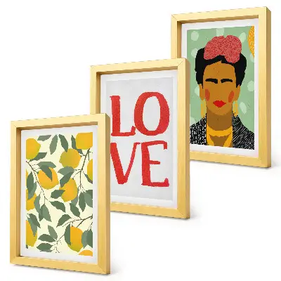 Tríptico com moldura pintura de limões com inscrição LOVE ao estilo de Frida Kahlo