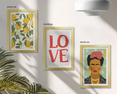Tríptico com moldura pintura de limões com inscrição LOVE ao estilo de Frida Kahlo