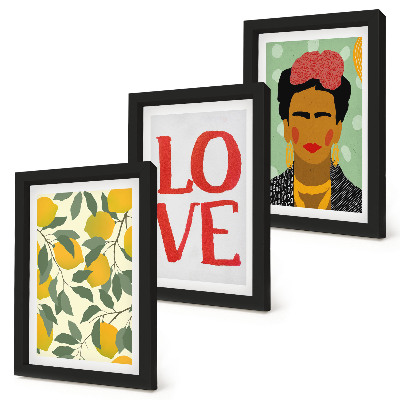 Tríptico com moldura Limões com a inscrição LOVE, retrato pintado de Frida Kahlo.