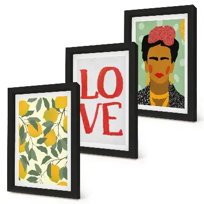 Tríptico com moldura pintura de limões com inscrição LOVE ao estilo de Frida Kahlo