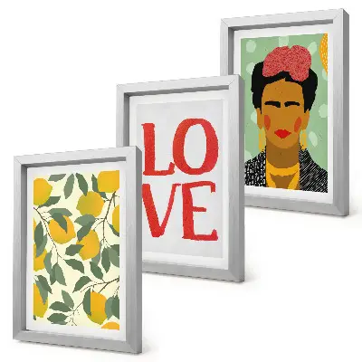 Tríptico com moldura pintura de limões com inscrição LOVE ao estilo de Frida Kahlo