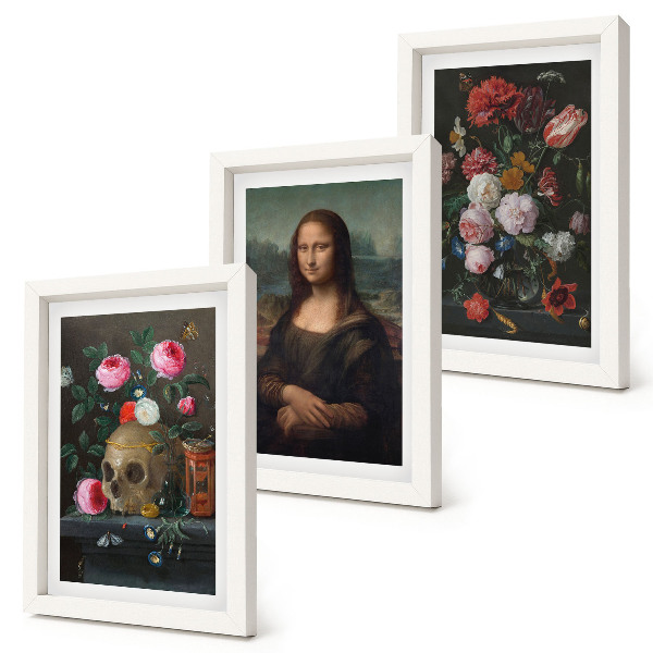 Conjunto de 3 quadros decorativos Retrato de uma caveira com flores vintage e da Mona Lisa, de Leonardo da Vinci.