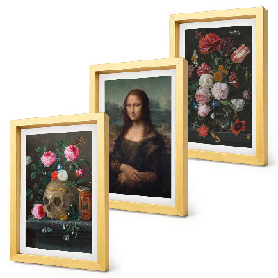 Conjunto de 3 quadros decorativos Retrato de uma caveira com flores vintage e da Mona Lisa, de Leonardo da Vinci.