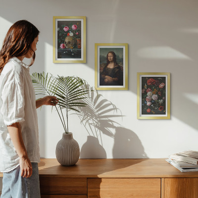 Conjunto de 3 quadros decorativos Retrato de uma caveira com flores vintage e da Mona Lisa, de Leonardo da Vinci.