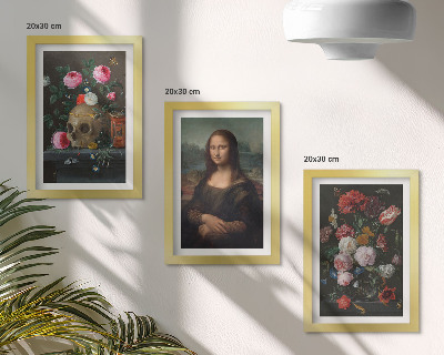 Conjunto de 3 quadros decorativos Retrato de uma caveira com flores vintage e da Mona Lisa, de Leonardo da Vinci.