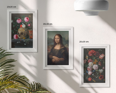 Conjunto de 3 quadros decorativos Retrato de uma caveira com flores vintage e da Mona Lisa, de Leonardo da Vinci.