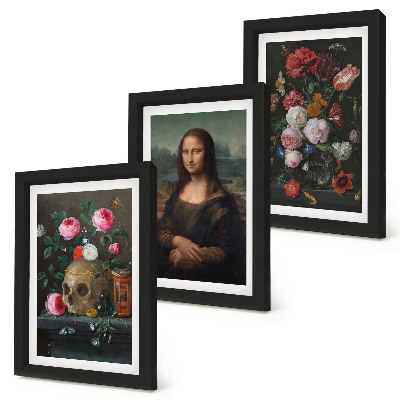Conjunto de 3 quadros decorativos Retrato de uma caveira com flores vintage e da Mona Lisa, de Leonardo da Vinci.
