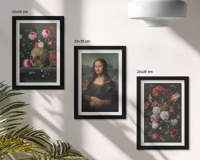 Conjunto de 3 quadros decorativos Retrato de uma caveira com flores vintage e da Mona Lisa, de Leonardo da Vinci.
