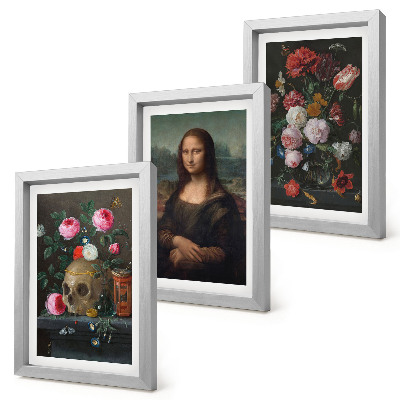 Conjunto de 3 quadros decorativos Retrato de uma caveira com flores vintage e da Mona Lisa, de Leonardo da Vinci.