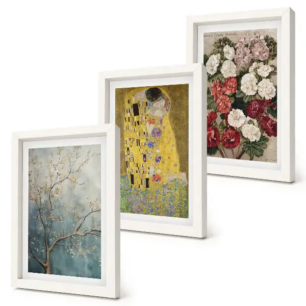 Conjunto de 3 quadros decorativos com estampas de flores e árvores no estilo da pintura O Beijo de Gustav Klimt