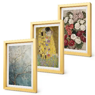 Conjunto de 3 quadros decorativos com estampas de flores e árvores no estilo da pintura O Beijo de Gustav Klimt