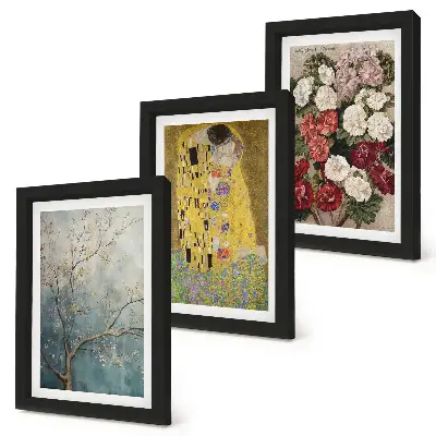 Conjunto de 3 quadros decorativos com estampas de flores e árvores no estilo da pintura O Beijo de Gustav Klimt