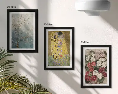Conjunto de 3 quadros decorativos com estampas de flores e árvores no estilo da pintura O Beijo de Gustav Klimt