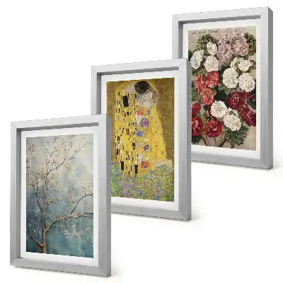 Conjunto de 3 quadros decorativos com estampas de flores e árvores no estilo da pintura O Beijo de Gustav Klimt